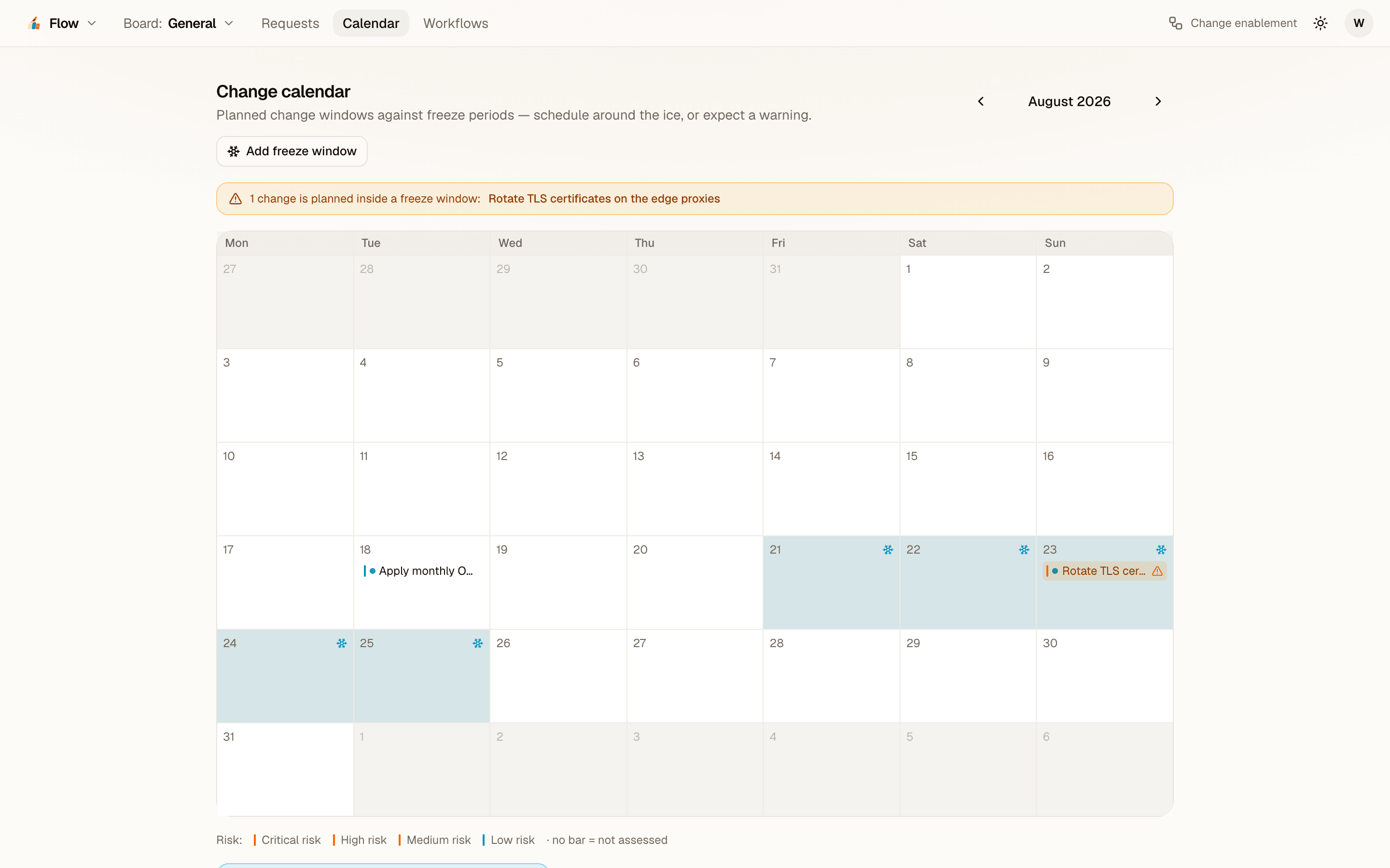 The Flow change calendar with a freeze window and a flagged change